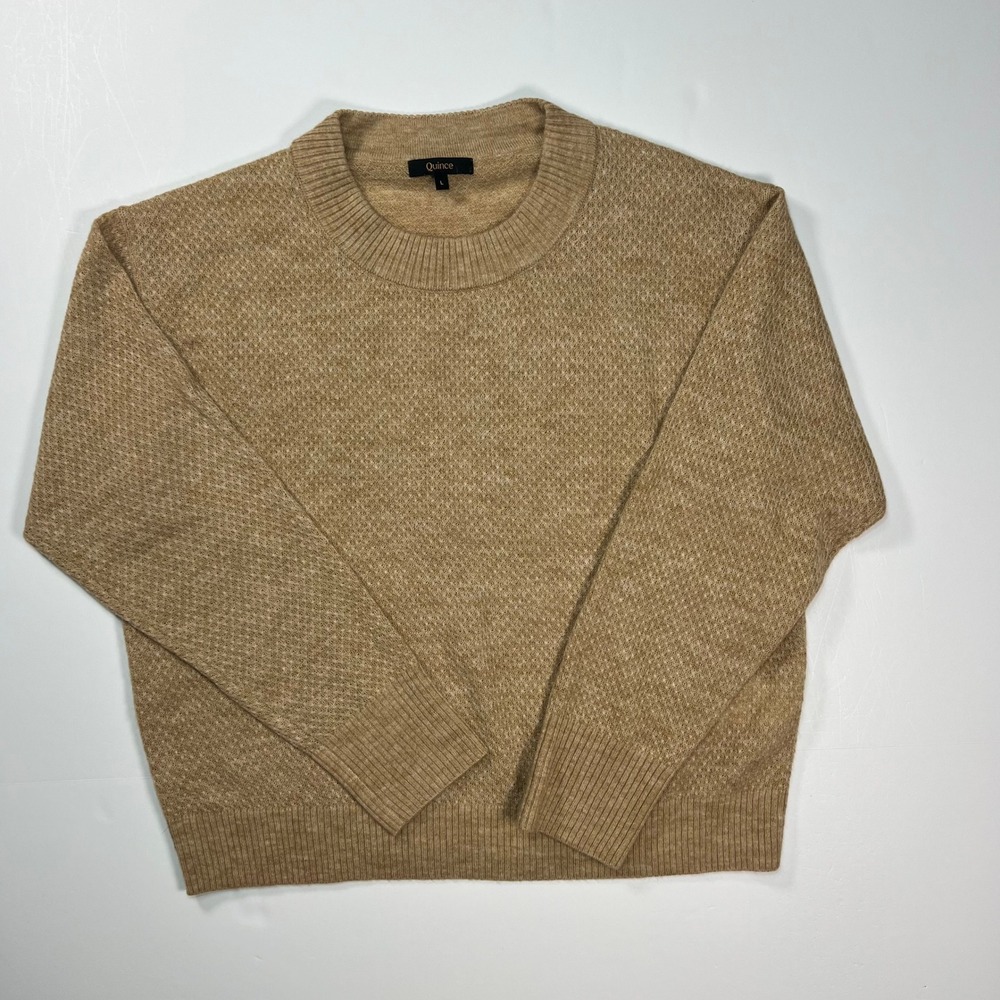 Quince Baby Alpaca-Wool Diamond Stitch Crew Sweater Women Large Camel Cozy